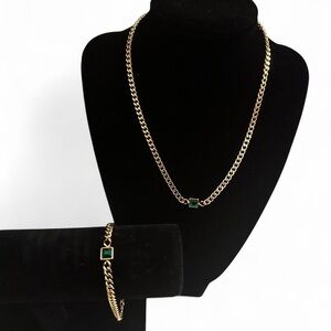 SLIDE JEWELRY SET 18k Gold plated Cuban chain necklace & bracelet with green